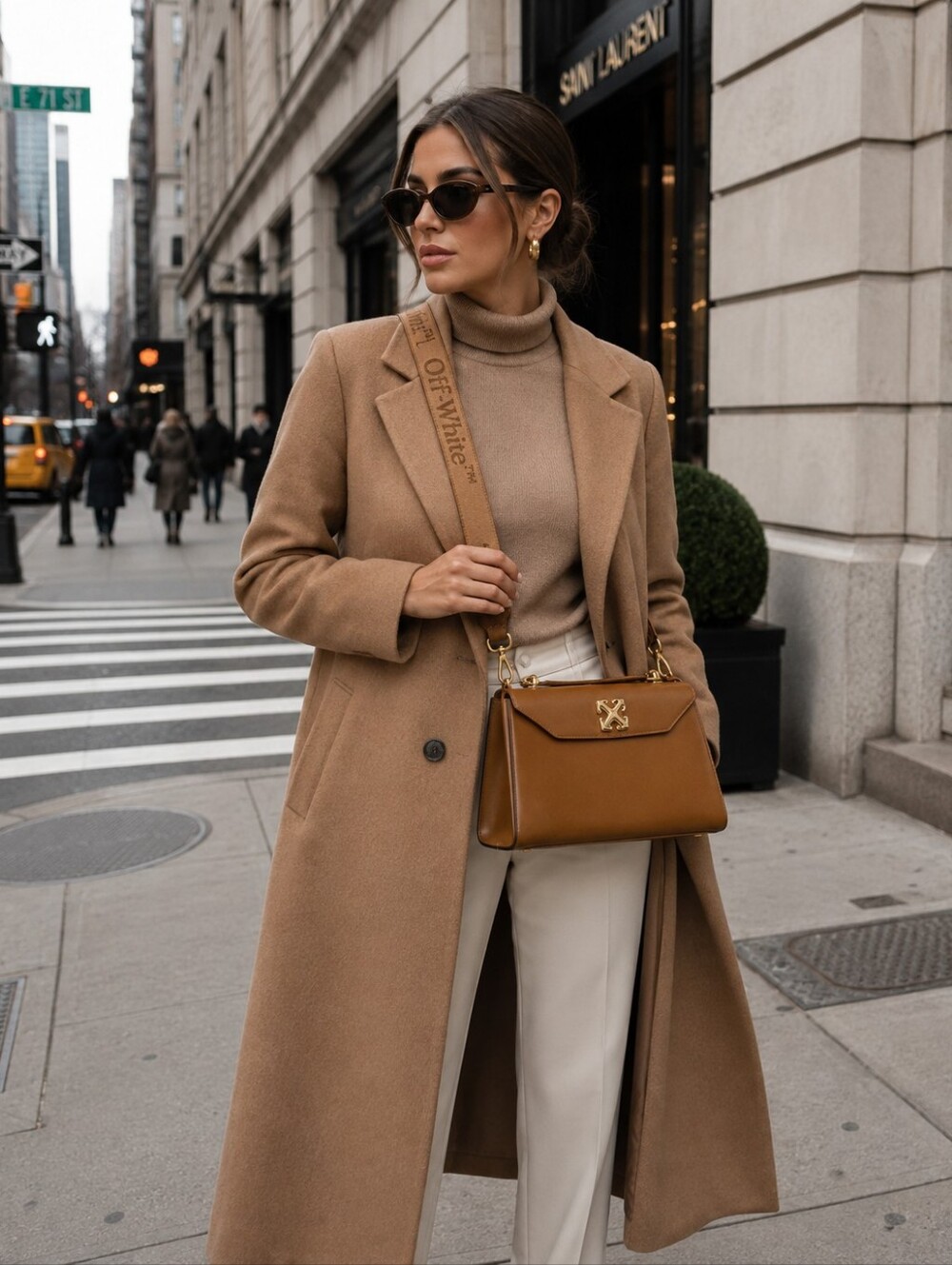 Off-White Tan Leather 2-Way Bag with Gold Logo Locking Hardware